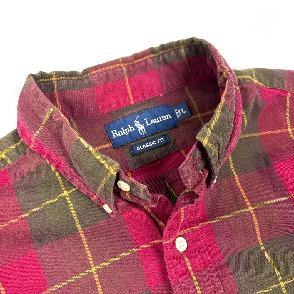 VTG Ralph Lauren Tartan Plaid Button Down Shirt Mens Sz L Red Green Classic Fit